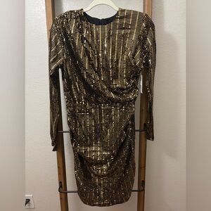 Alexia Admor Lurex Mini Dress Gold Metallic Sequin Long Sleeve NWT